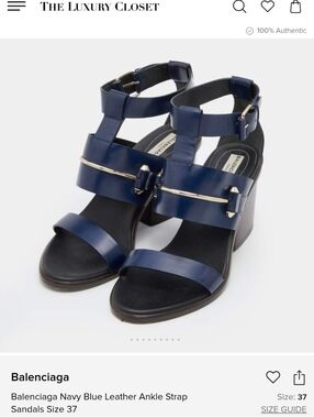 Balenciaga Navy Leather Block Heel Ankle-Strap Sandals